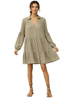 Zara Button-Front Tiered Dress Khaki Green Size M